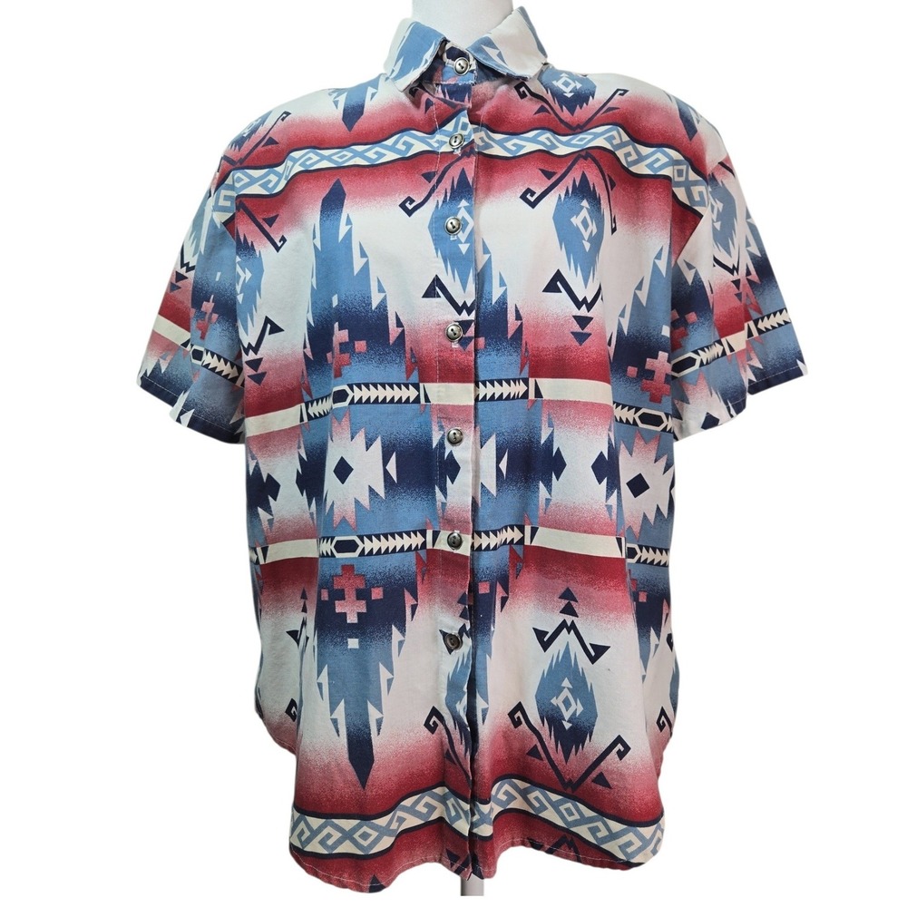 Roughrider by Circle T Womens XL Aztec Western Vintage Shirt Blue Red White